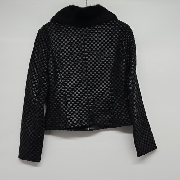 Vintage St. John Black Textured Women's Jacket With Rabbit Fur Collar Zipper M - Picture 16 of 16